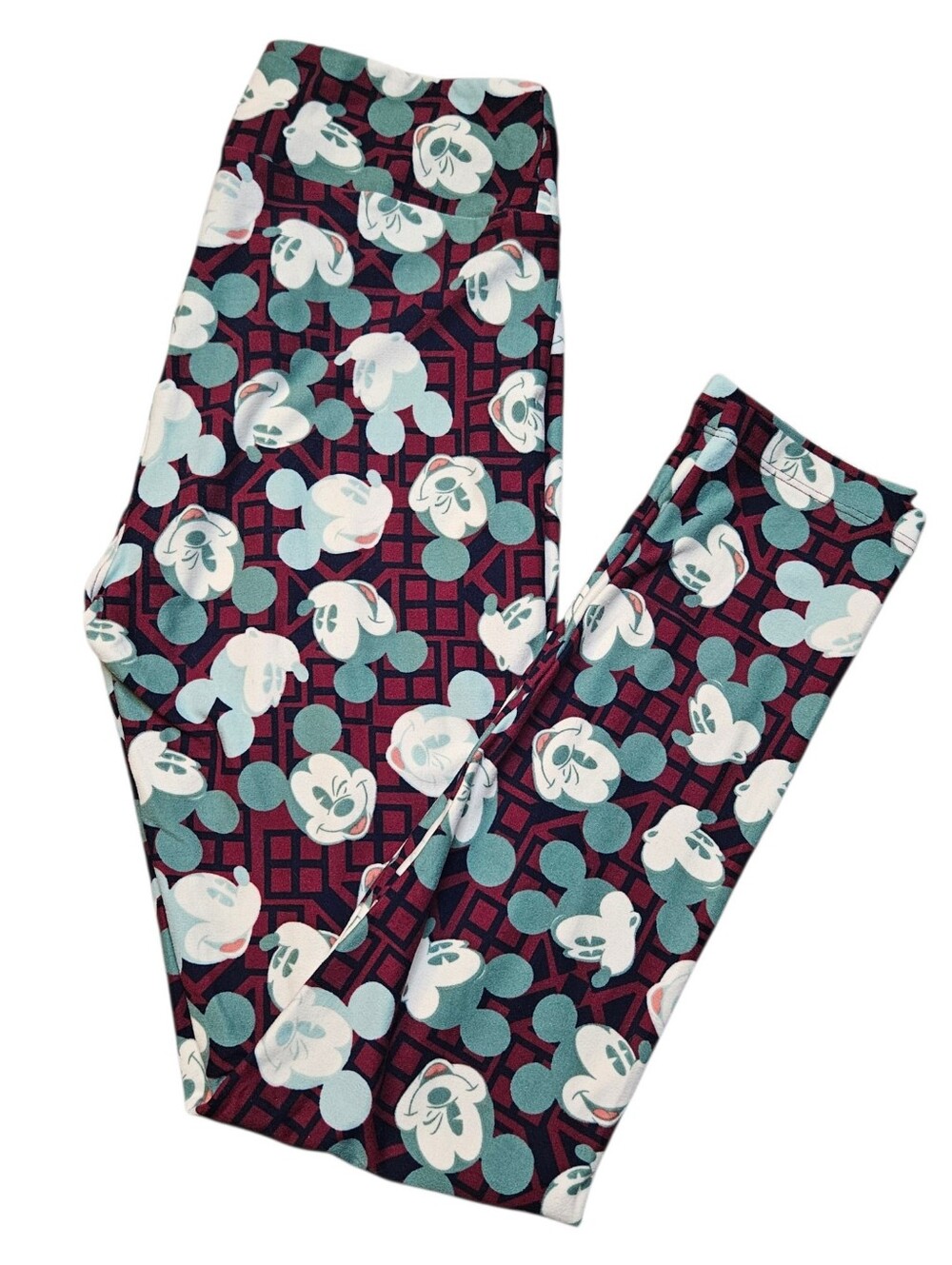 LuLaRoe Disney Mickey Mouse One Size Burgundy Teal Geometric Leggings